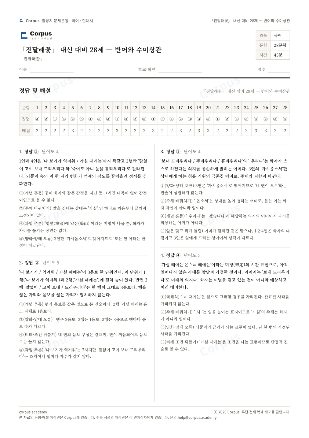 「진달래꽃」 내신 대비 28제 — 반어와 수미상관 정답·해설 미리보기 — 수능 국어 형식으로 조판한 A4 문제지