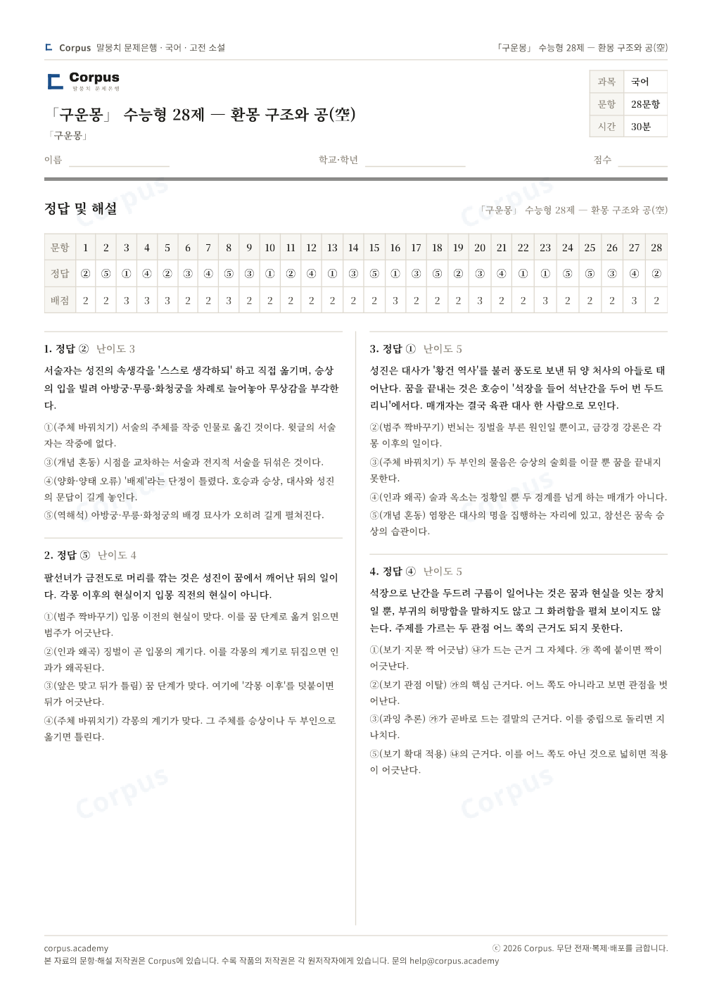 「구운몽」 수능형 28제 — 환몽 구조와 공(空) 정답·해설 미리보기 — 수능 국어 형식으로 조판한 A4 문제지