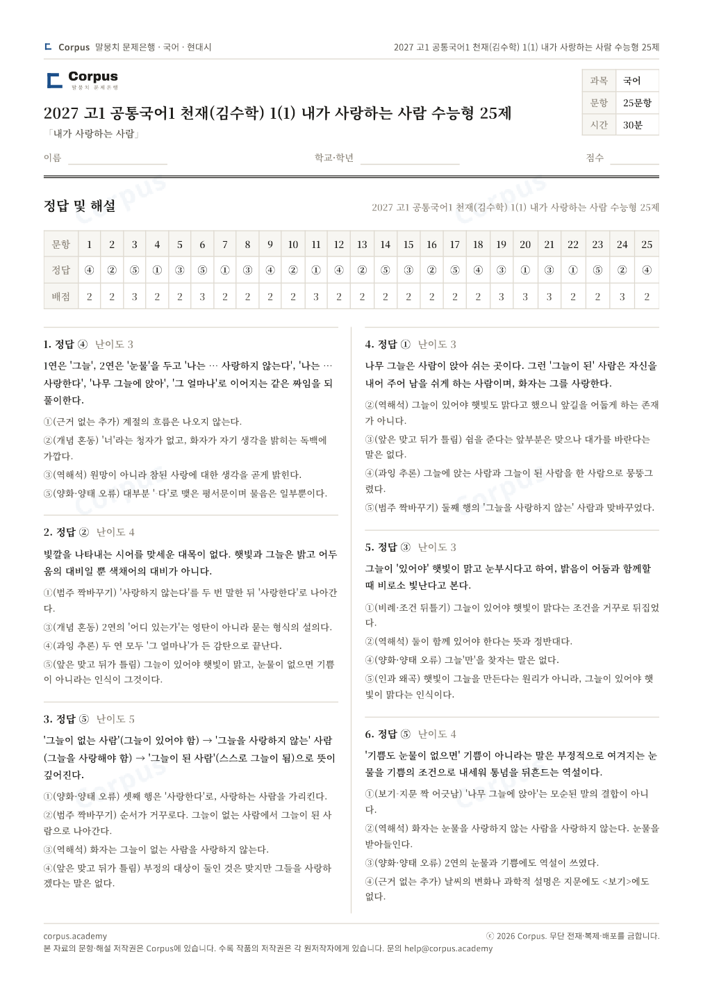 2027 고1 공통국어1 천재(김수학) 1(1) 내가 사랑하는 사람 수능형 25제 정답·해설 미리보기 — 수능 국어 형식으로 조판한 A4 문제지