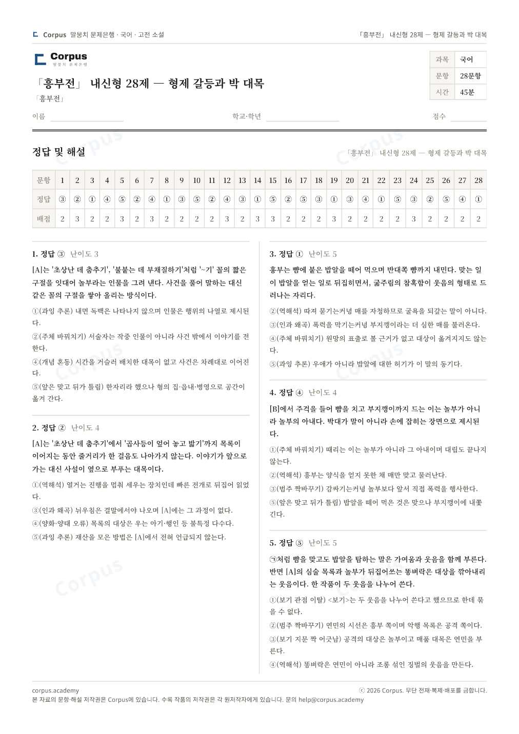 「흥부전」 내신형 28제 — 형제 갈등과 박 대목 정답·해설 미리보기 — 수능 국어 형식으로 조판한 A4 문제지