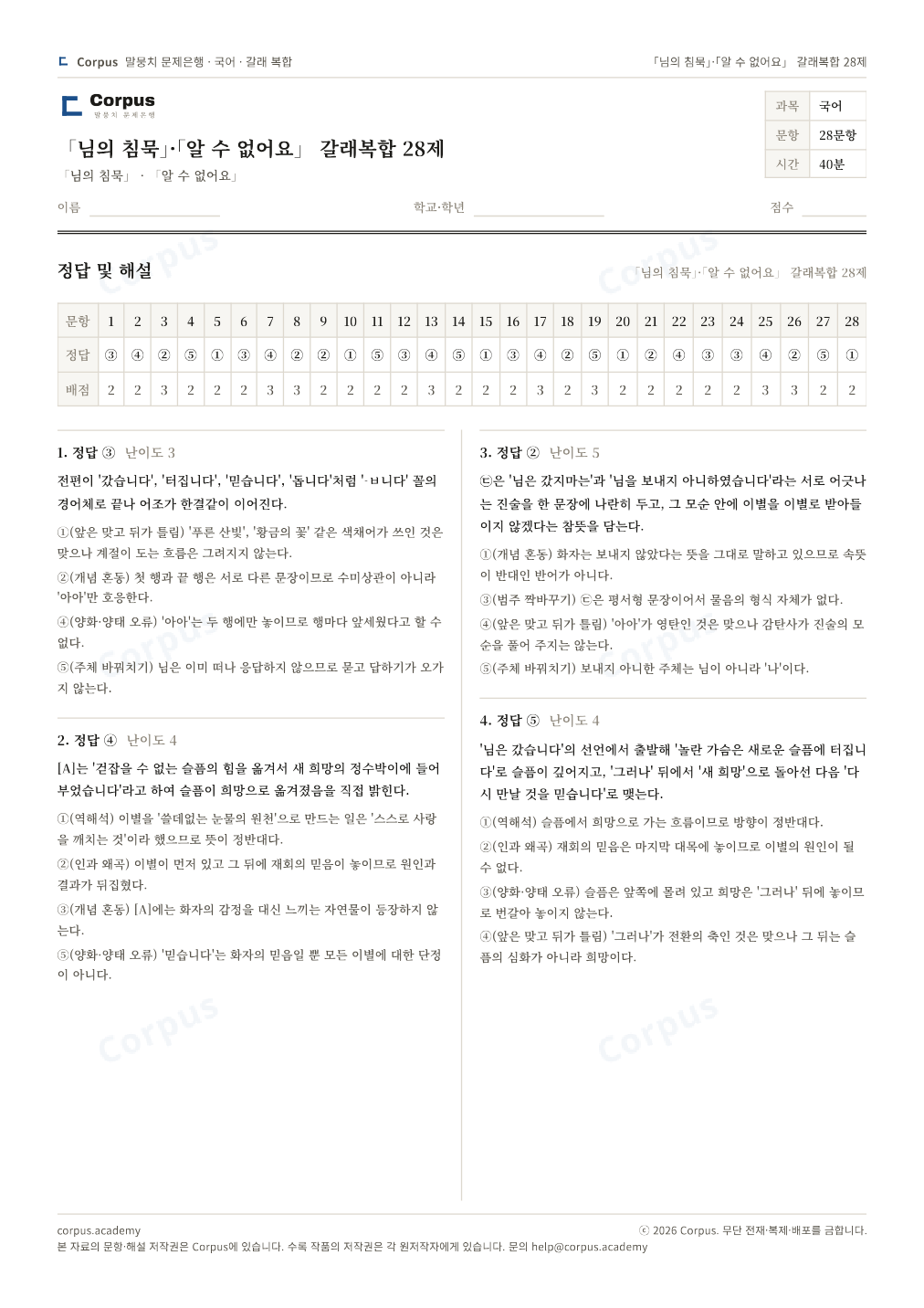 「님의 침묵」·「알 수 없어요」 갈래복합 28제 정답·해설 미리보기 — 수능 국어 형식으로 조판한 A4 문제지