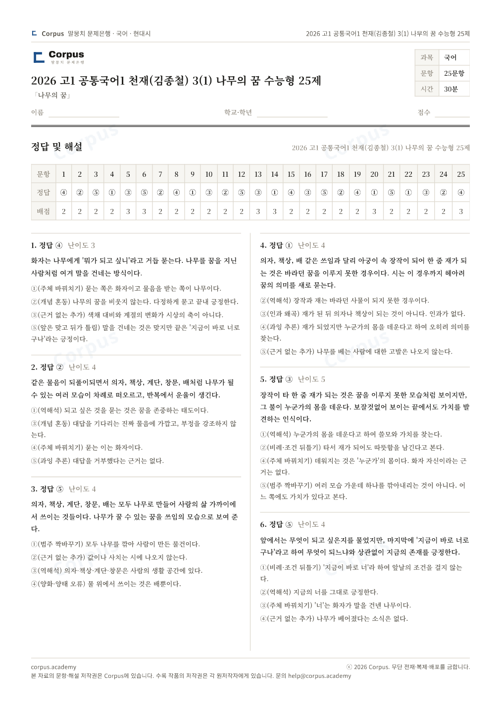 2026 고1 공통국어1 천재(김종철) 3(1) 나무의 꿈 수능형 25제 정답·해설 미리보기 — 수능 국어 형식으로 조판한 A4 문제지