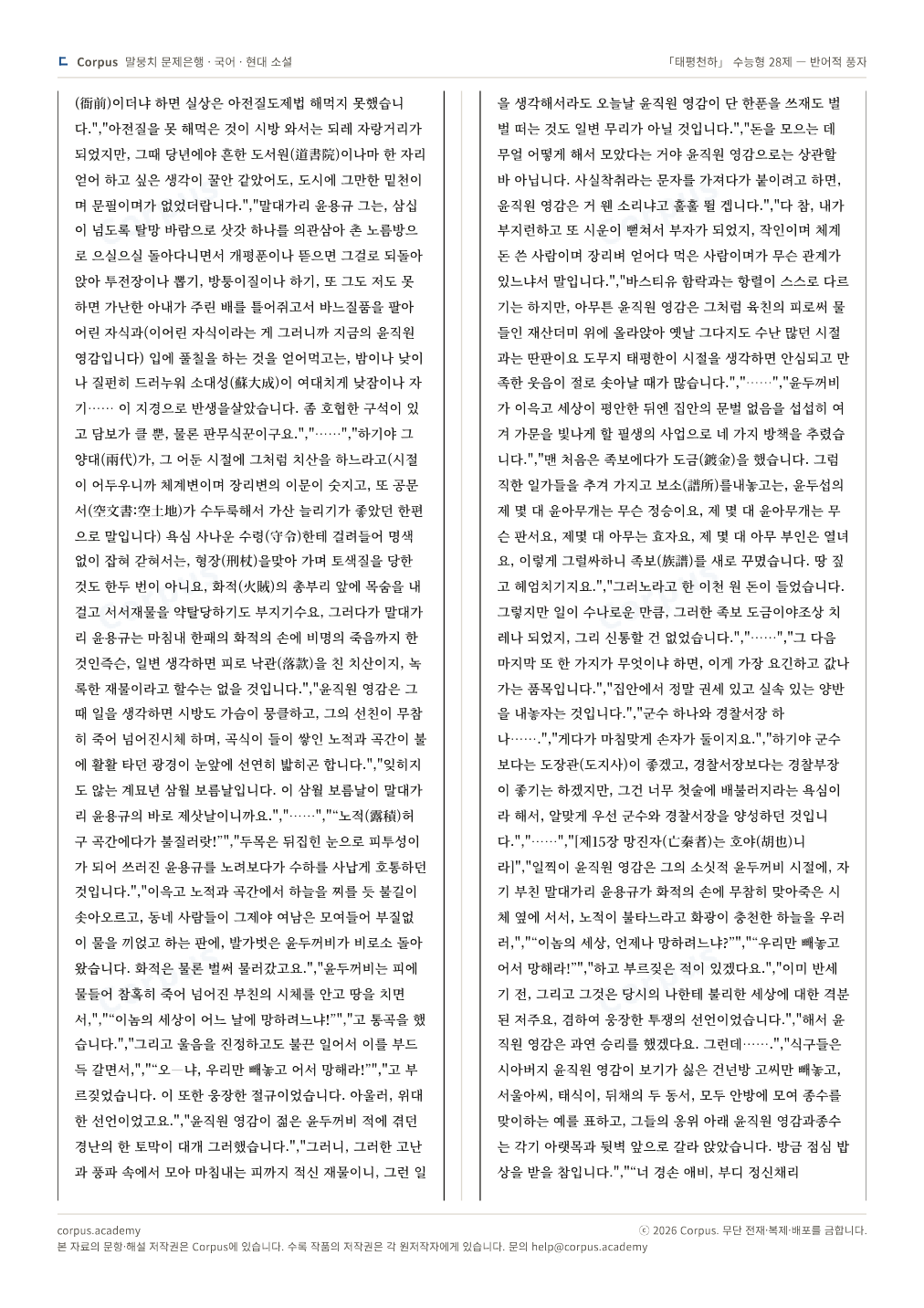 「태평천하」 수능형 28제 — 반어적 풍자 2쪽 미리보기 — 수능 국어 형식으로 조판한 A4 문제지