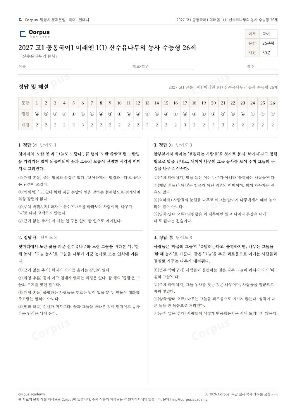 2027 고1 공통국어1 미래엔 1(1) 산수유나무의 농사 수능형 26제 정답·해설 미리보기 — 수능 국어 형식으로 조판한 A4 문제지